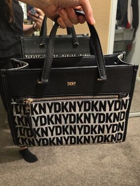 DKNY Black and White Logo Jacquard Satchel
